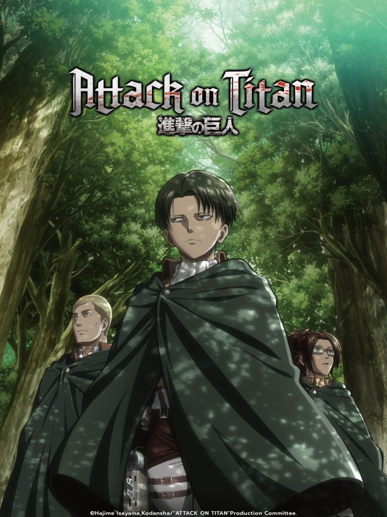 Personagens Erwin, Levi e Hange em uma floresta, com o titulo Attack on Titan