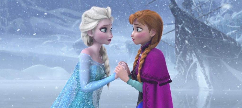 Elsa e Anna em um ambiente congelado 
