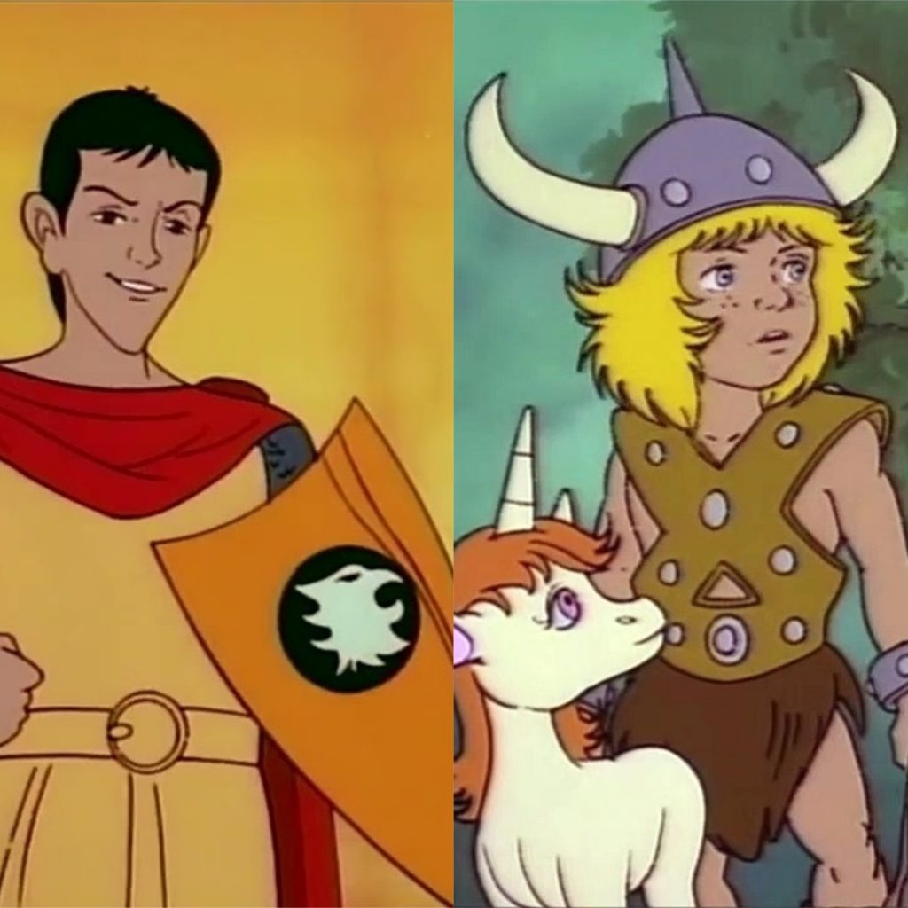 À esquerda, Eric, o covardão que se esconde atrás do escudo e À direita, Bobby, o garoto invocado e sua mascote, Uni. Otageek