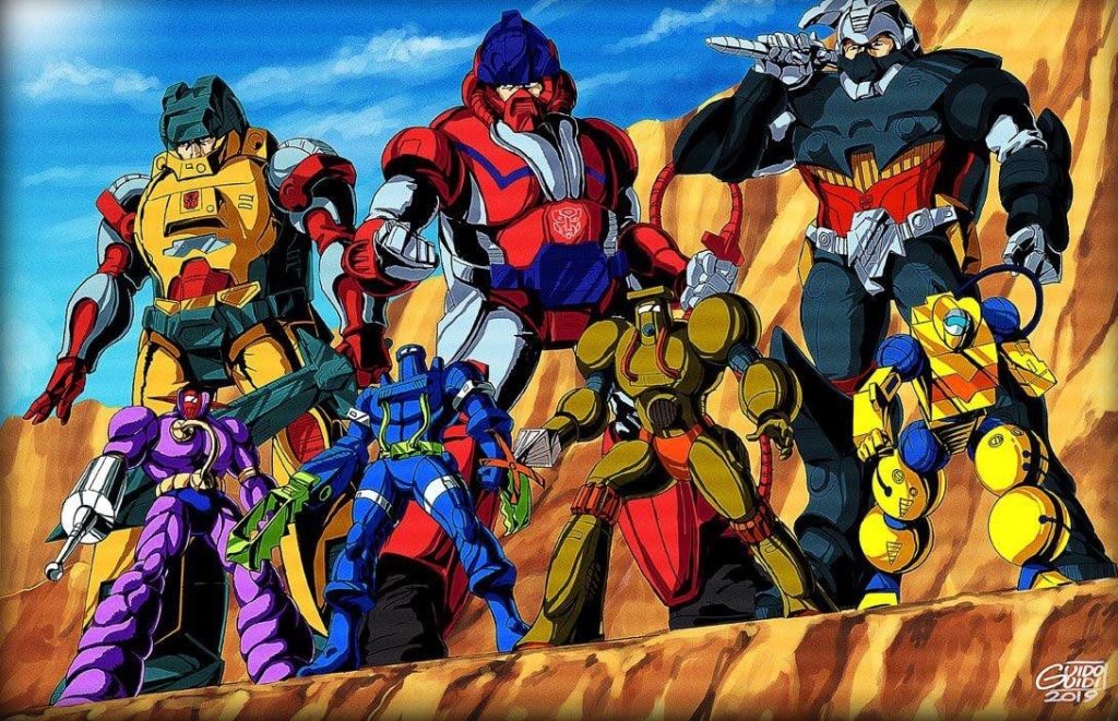 Um crossover fanmade dos heróis do desenho com três dos Transformers. 