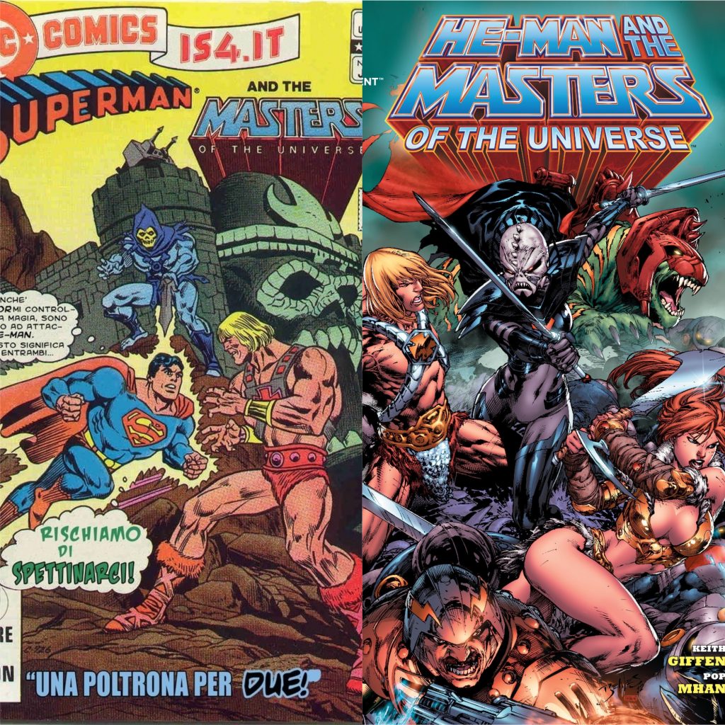 À esquerda, a HQ antiga de He-Man versus Superman. À direita, A HQ mais recente mostra na capa He-Man, Teela e Mentor enfrentando Hordak.
