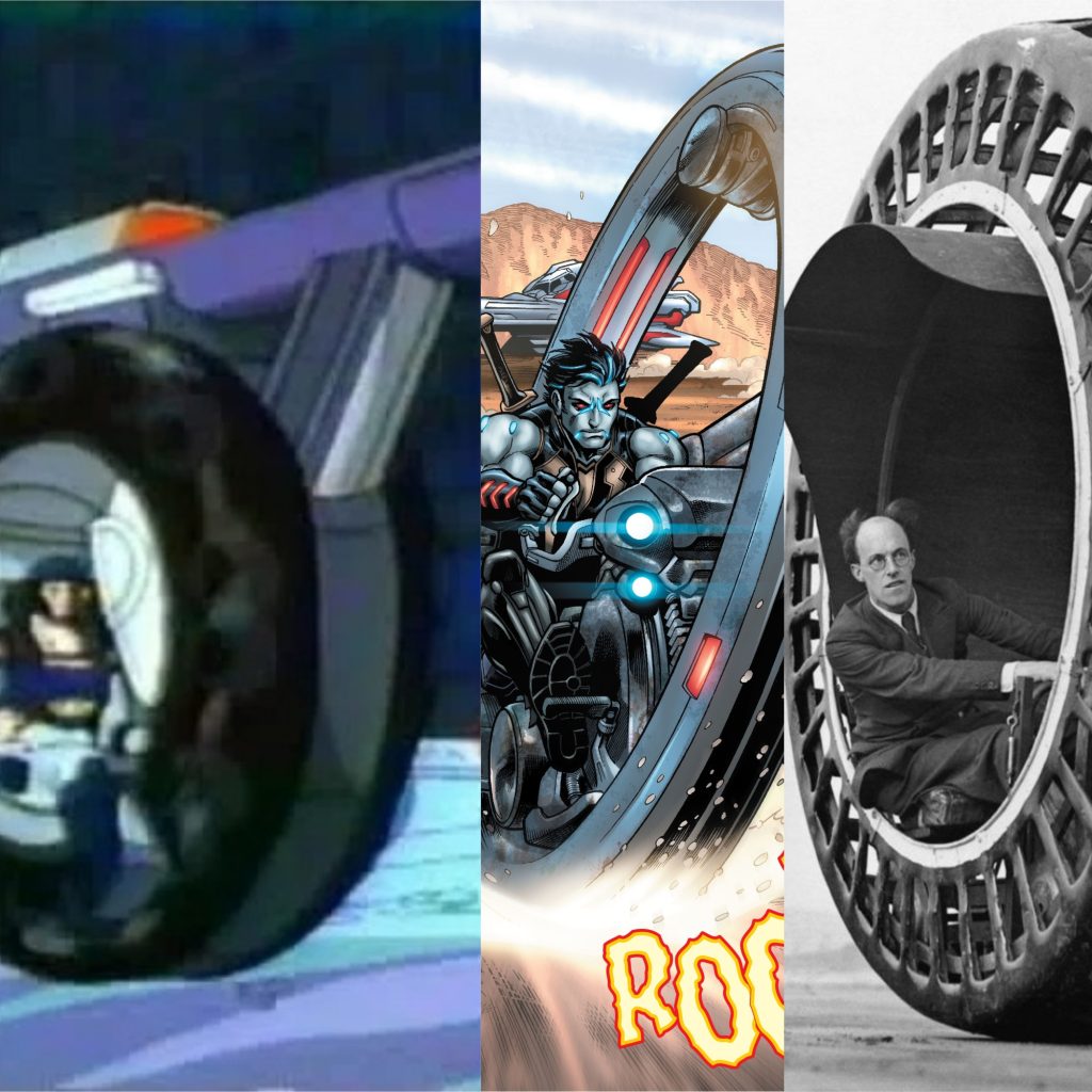 O Dynasphere veículo onde o piloto se senta dentro de uma roda, criado pelo Dr. J.H. Purves na década de 1930 baseado em desenhos de Da Vinci. À esquerda, a versão de Spiral Zone. À direita, o Dr. e sua invenção. Ao centro, o Lobo dos Novos 52.