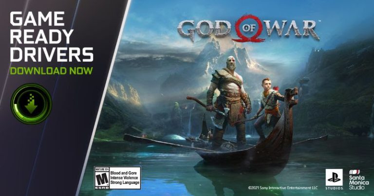 Imagem de propaganda do jogo God of War com a placa Nvidia DLSS