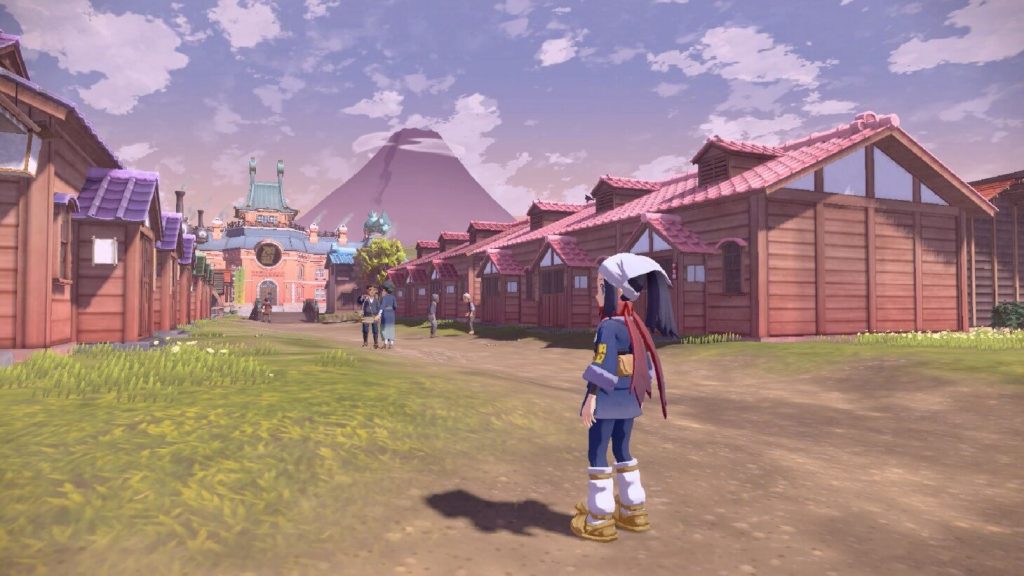 personagem do jogo Pokémon Legends olhando para o vilarejo medieval