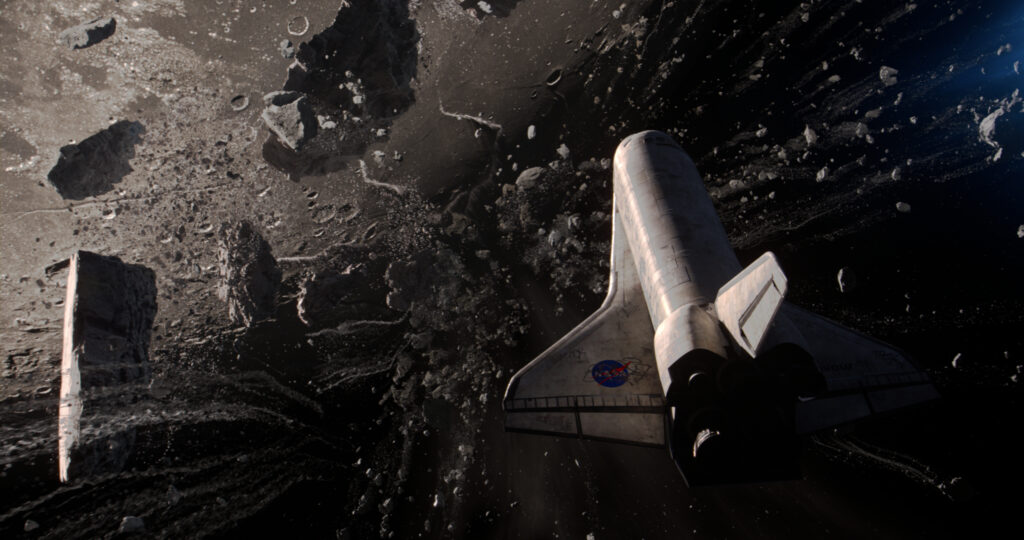 Ônibus espacial tripulado pelos protagonistas enfrenta uma "tempestade lunar" erm Moonfall (Ameaça Lunar) - Otageek