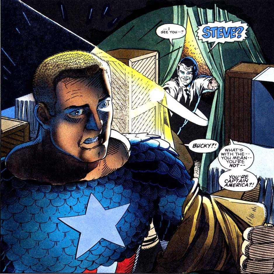 Bucky descobre Steve Rogers vestindo o uniforme de Capitão América pela primeira vez.