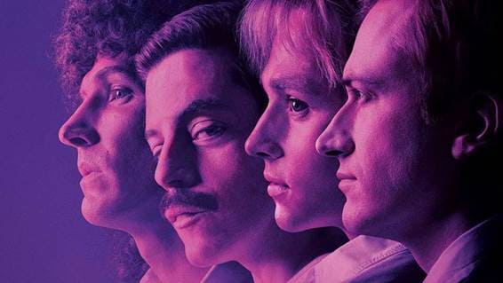 Freddie Mercury (Rami Malek) e seus companheiros Brian May (Gwilyn Lee), Roger Taylor (Ben Hardy) e John Deacon (Joseph Mazzello) em "Bohemian Rhapsody". - Otageek