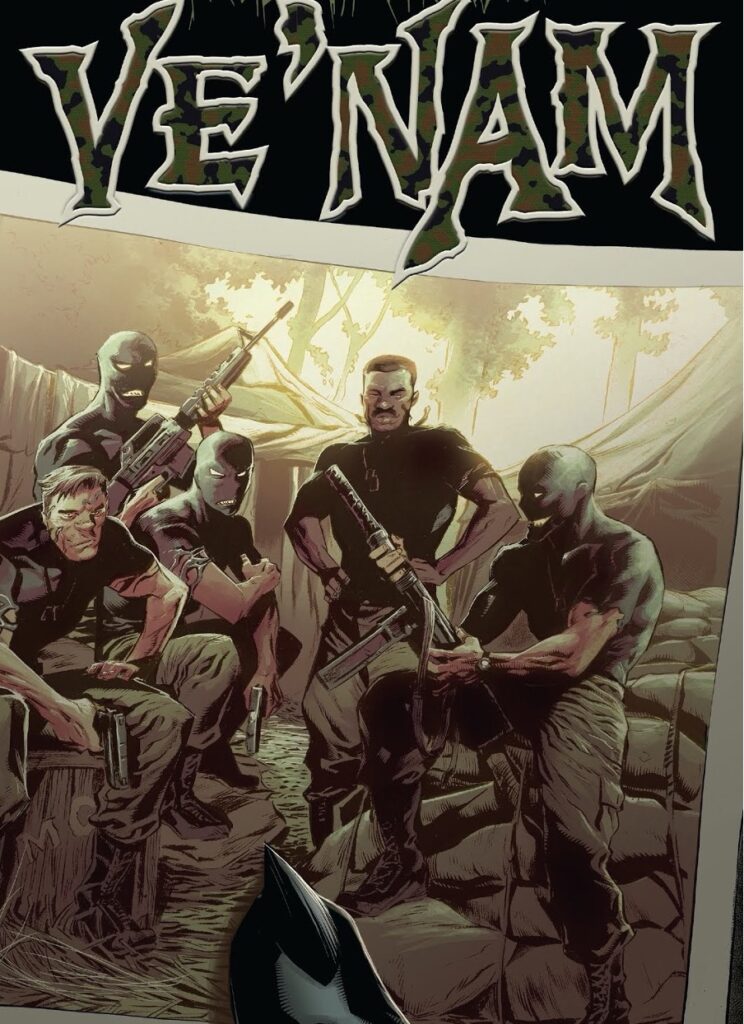 Capa da HQ Venom mostrando os soldados utilizando o simbionte na guerra do Vietnã.
