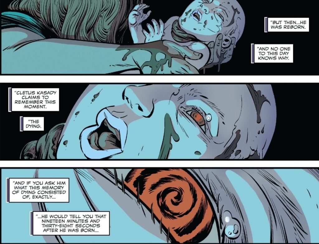 Cletus Kasady nasce enforcado em seu cordão umbilical e se conecta psico-espiritualmente a Knull na HQ Web of Venom.
