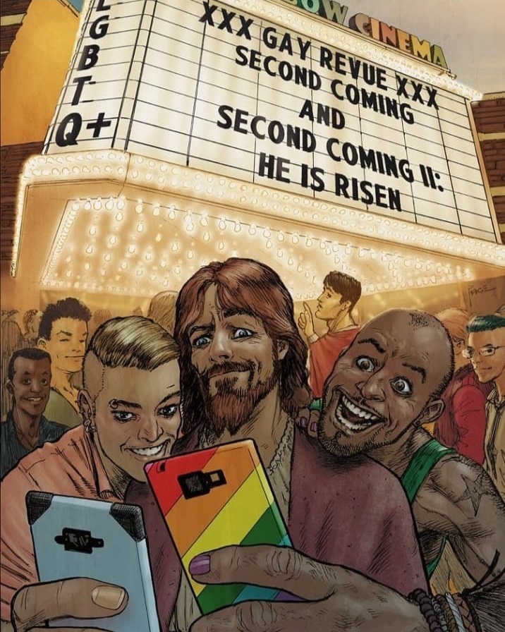 Jesus confere o celular, em frente a um cinema que exbe os filmes "Segunda Vinda e Segunda Vinda 2: Ele se Ergue, em meio a um festival LGBTQIA+