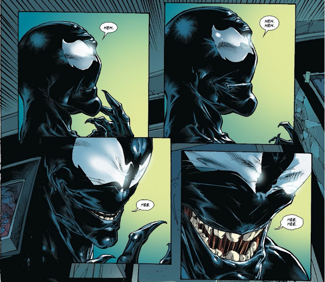 Ao se olhar no espelho e constatar que o semblante do simbionte é idêntico ao uniforme do Homem-Aranha, Venom manifesta seu sorriso maquiavélico e ganha dentes e língua pela primeira vez.