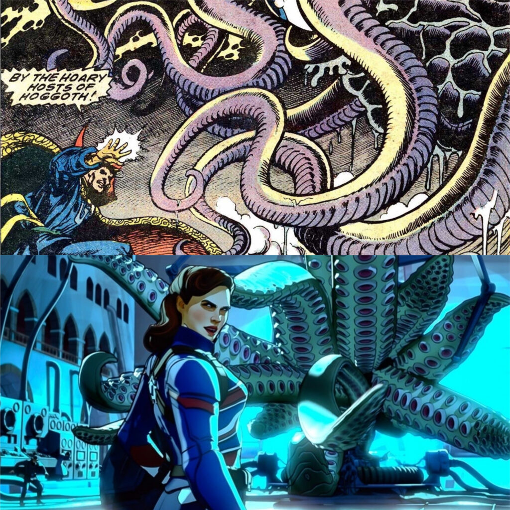 Acima, Dr. Estranho encontra Chuma Gorá pela primeira vez em Marvel Premiere #10, em 1972. Abaixo, Peggy Carter encontra a criatura no primeiro episódio de What If.