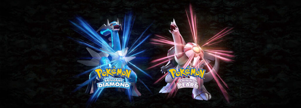 Dialga e Palkia em destaque no banner dos jogos Brilliant Diamond e Shining Pearl