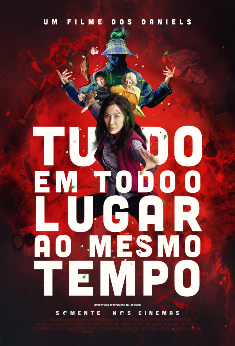 Poster do filme Tudo em todo lugar ao mesmo tempo, com fundo vermelho e as letras em branco.