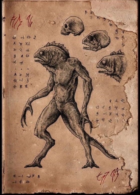 Os homens-peixe de Dagon ilustrados por Israel Botelho em um de seus papiros.