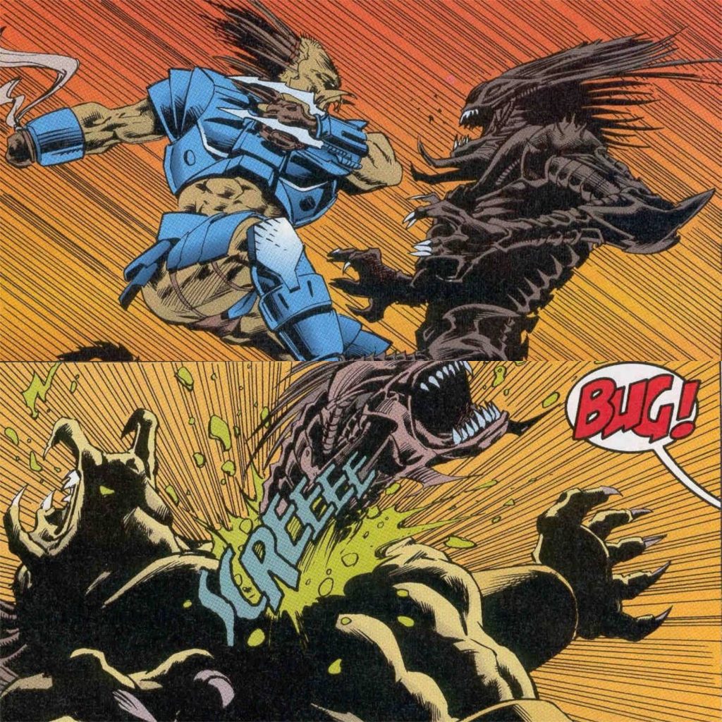 Acima, o Predador enfrenta o Predalien. Abaixo, o Predalien nasce. Ambas as imagens da HQ Alien  versus Predator: The Duel, de 1995.