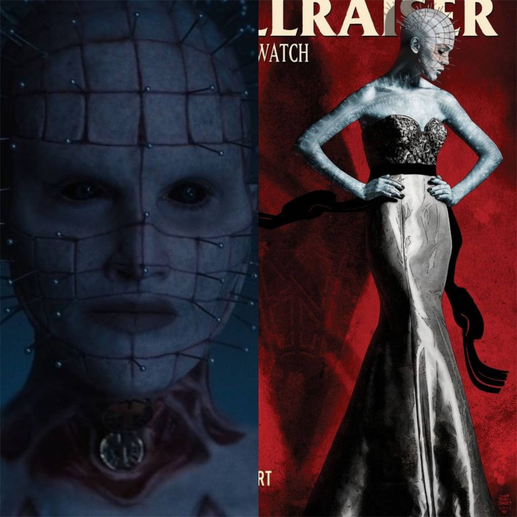 À esquerda, Pinhead em sua nova versão feminina. À direita, a mesma versão, anteriormente mostrada em quadrinhos, na capa da HQ Hellraiser: The Dark Watch.