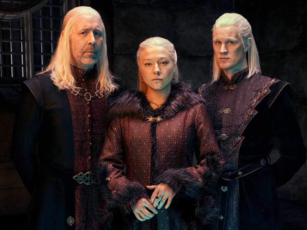 O trio Targaryen: Viserys, Rhaenyra e Daemon em "A Casa dos Dragões". - Otageek