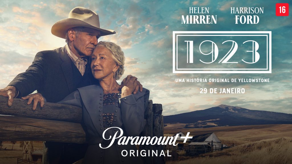 Imagem promocional da série 1923, onde vemos Helen Mirren e Harrison Ford com roupas de época em um ambiente rural