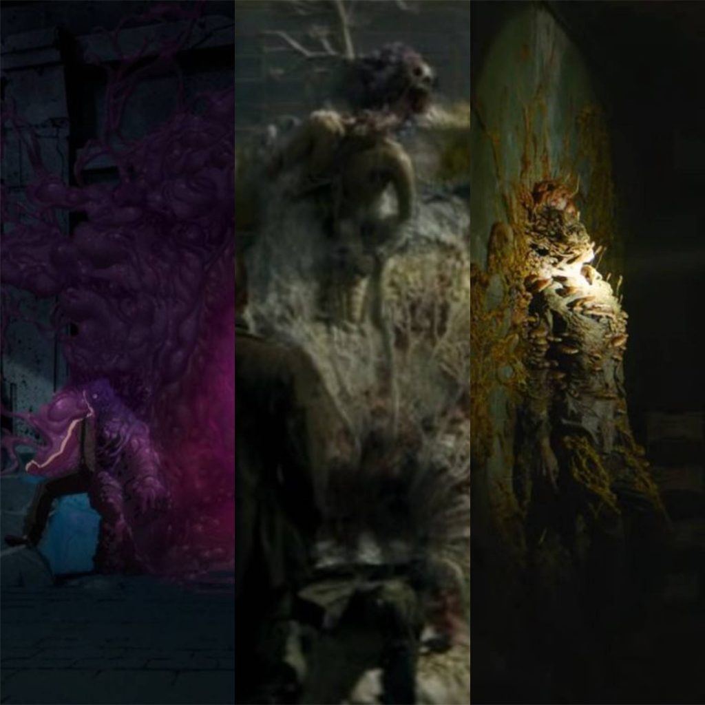 Duas Caras como o portal lovecraftiano, aberto na parede a partir de sua metamorfose. A cena é do conto A Cor que Caiu do Céu e foi copiada pelo filme Aniquilação e pela série The Last of Us.
