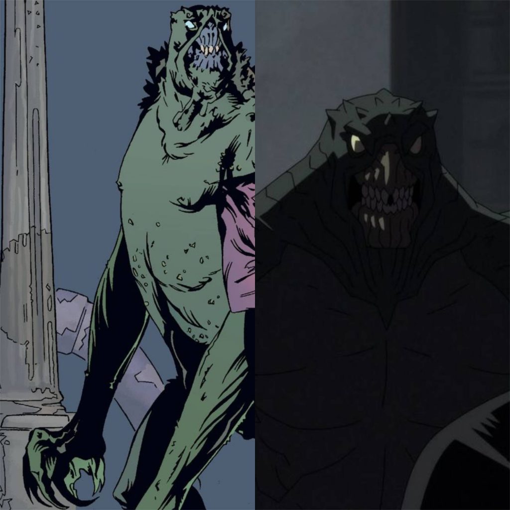 À esquerda, Killer Croc na versão do quadrinho. À direita, na versão do desenho.