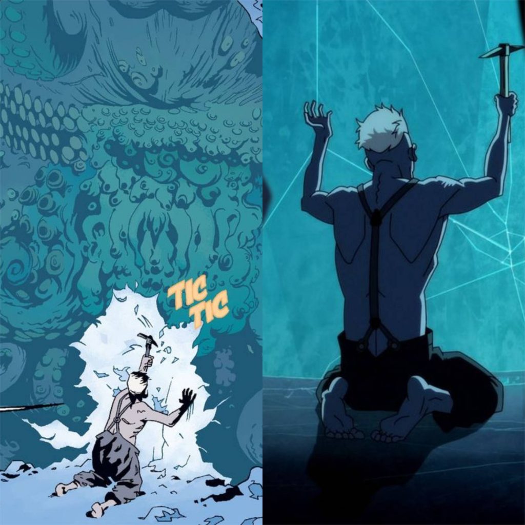 Senhor frio escava um iceberg em busca de Yoguesotota. À esquerda, a versão em quadrinhos. à direita, a versão em desenho animado.