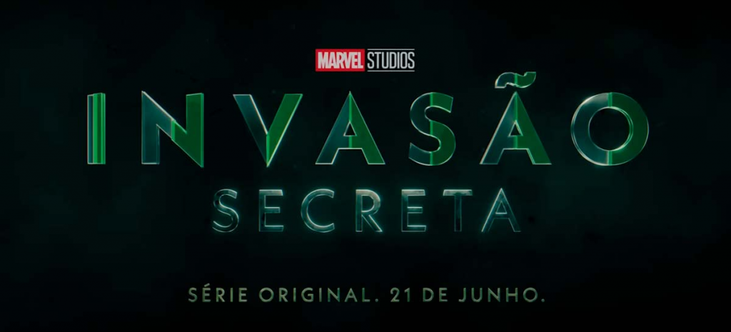 Pôster de Invasão Secreta mostrando o nome da série e logo da Marvel.