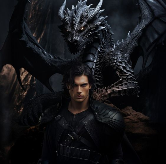 Xaden Riorson, com um dragão negro atrás de si, olha para nós em quarta parede. 