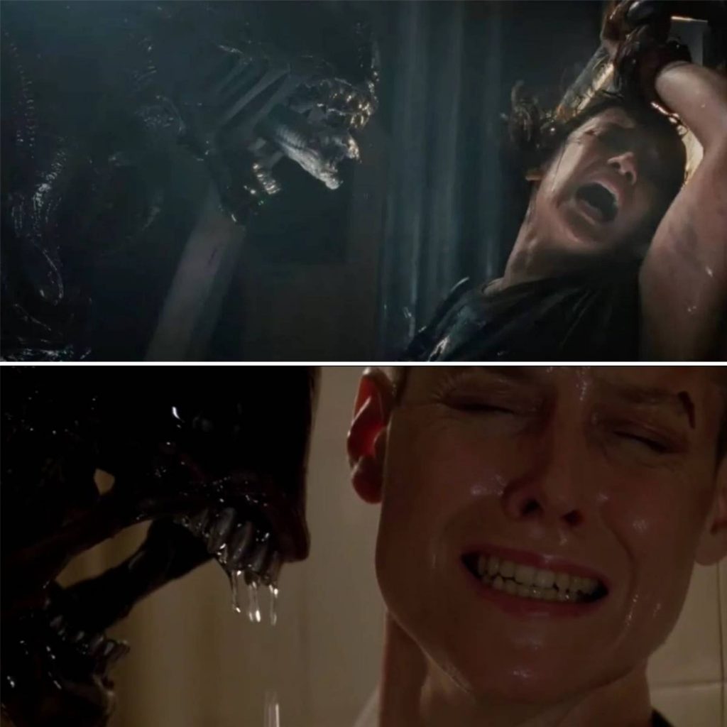 Na foto acima, o xenomorfo ataca a protagonista de Alien Romulus. Na foto abaixo, a antológica cena de Alien 3 em que Ripley é beijada pelo Alien. 