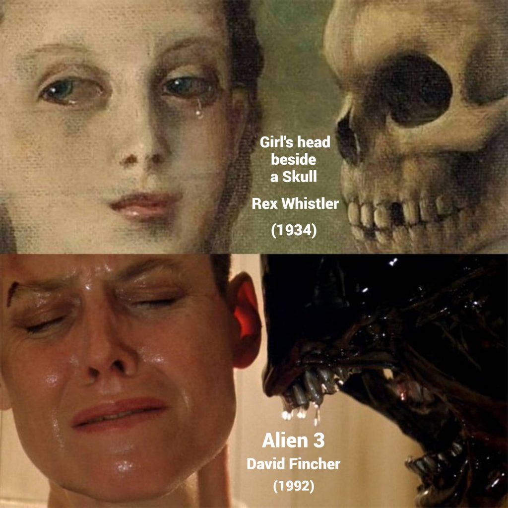 Acima, o quadro Moça ao lado de um crânio, de Rex Whistler, que serviu de inspiração apara a cena antológica de Alien 3, onde o xenomorfo cheira Ripley e não a mata, percebendo que está grávida de uma rainha.