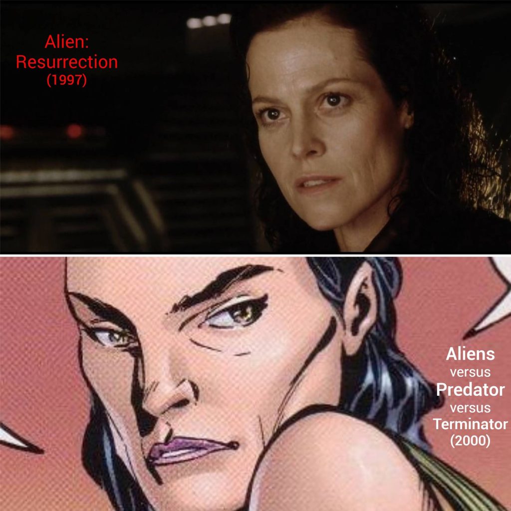 Acima, a Ripley híbrida de Alien: A Ressurreiçã. Abaixo, sua versão quadrinhística da HQ Aliens versus Predador versus eterminador do futuro.