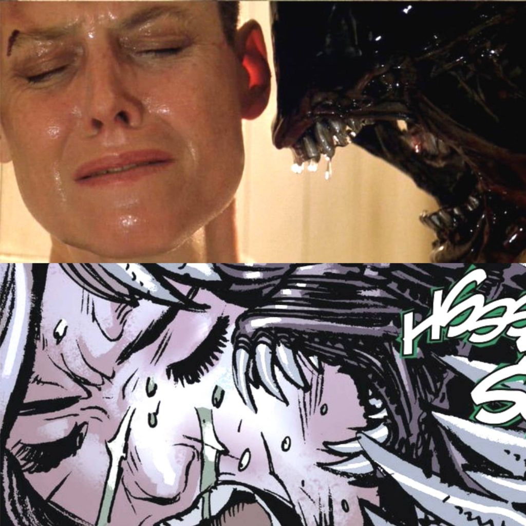 Um xenomorfo se aproxima de uma das personagens na HQ Life and Death, replicando a cena presente em Alien 3.