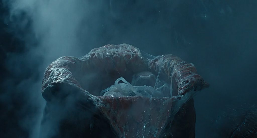 O ovo do alien eclode em uma cena em close no filme Alien, o Oitavo Passageiro.