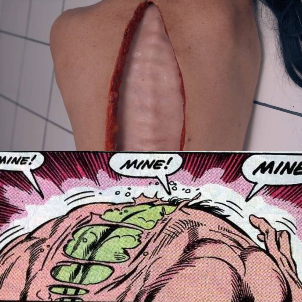 Acima, as costas de Elizabeth Sparkle com um baita corte em vertical. Abaixo, as costas de Bruce Banner se rompem num corte vertical, revelando o Hulk Verde saindo como uma cobra ou cigarra trocam de casca.