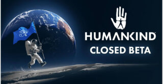 Homem na andando pela lua com o planeta terra ao fundo. Ao lado está escrito Humankind Closed Beta