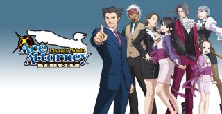 Personagens do jogo Ace Attorney posando para com o logo da franquia.