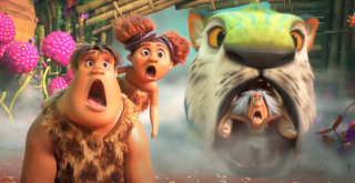 Thunk, Sandy, Vovó e o tigre suspresos com a fazenda dos Bem-Melhores - Crítica Os Croods 2 - OtaGeek