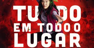 Poster do filme Tudo em todo lugar ao mesmo tempo, com fundo vermelho e as letras em branco.