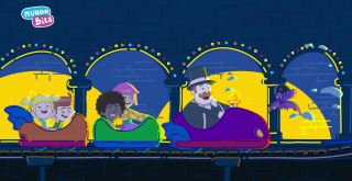 Bita e as crianças Lila, Dan, Tito, e Tina no trem Otageek